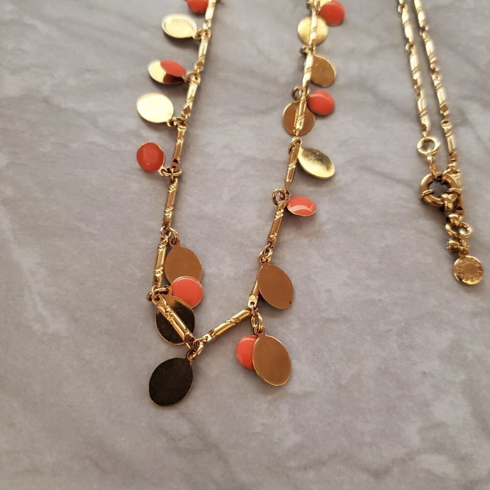 🧡 J.Crew Bright Orange Enamel Disk Gold Long Necklace 🧡 - Picture 2 of 8